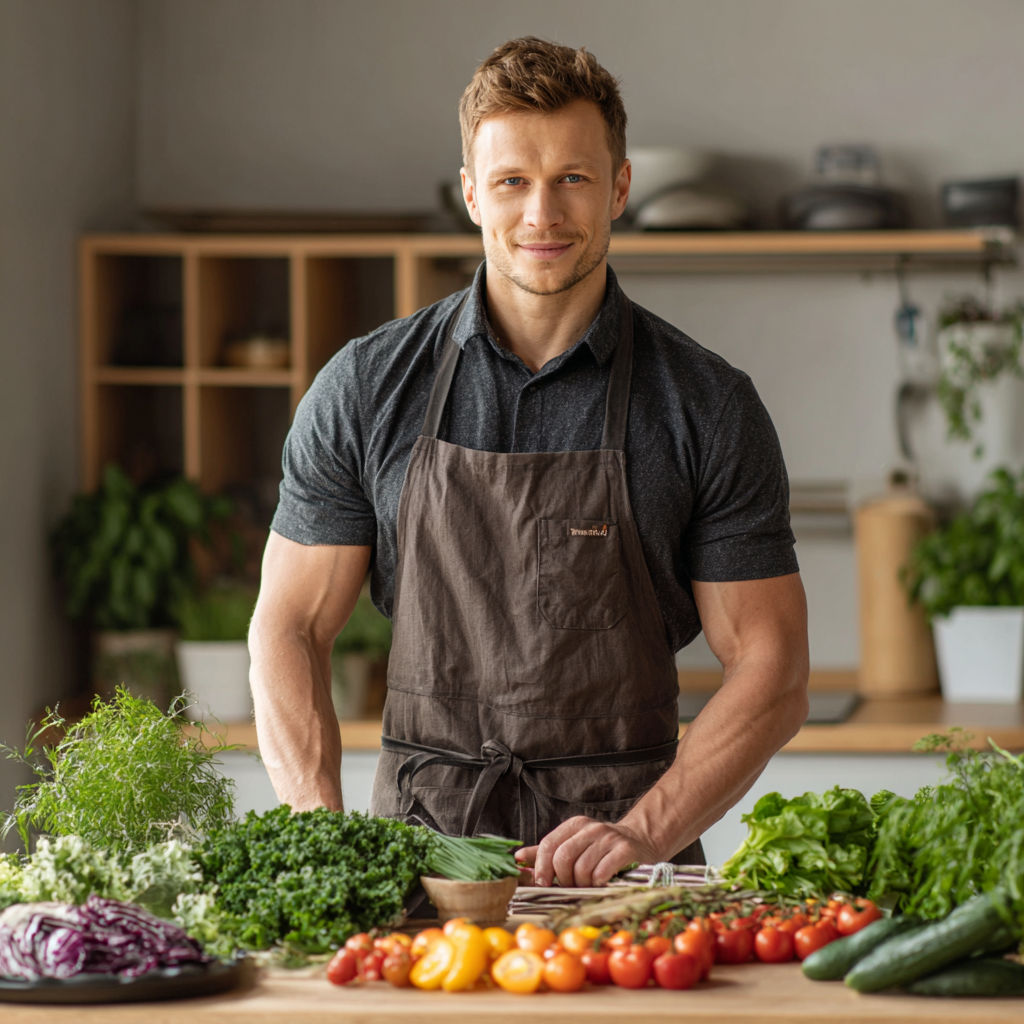 Молода українська жінка посміхається, готуючи здорову їжу на кухні з великою кількістю свіжих овочів та фруктів