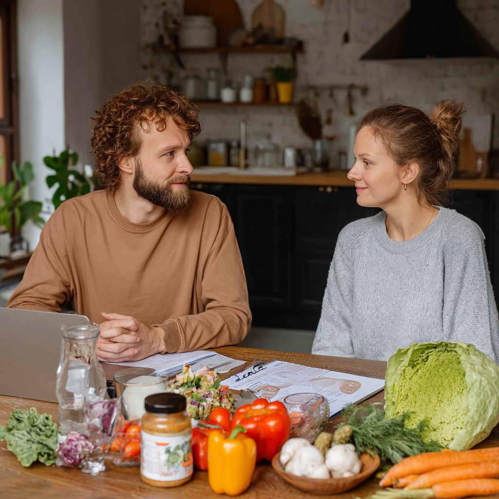 Український чоловік середнього віку посміхається, тримаючи планшет з додатком планування харчування, на кухні